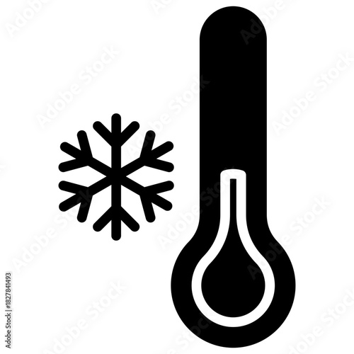 Low Temperature Glyph Black Silhouette Icon Design Vector - thermometer with snowflake symbol representing cold, hypothermia, and temperature monitoring