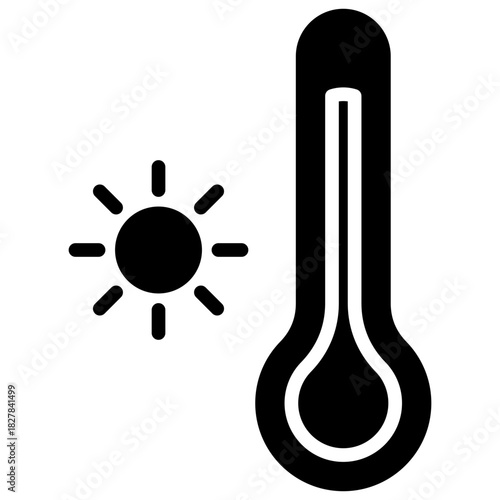 High Temperature Glyph Black Silhouette Icon Design Vector - thermometer with sun symbol representing heat, fever, hyperthermia, and temperature monitoring