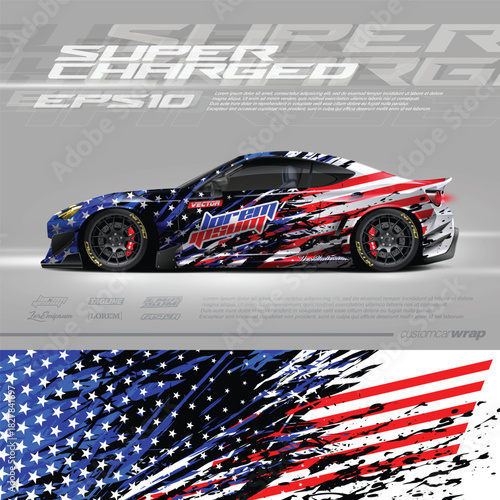 Car wrap decal graphic american flag design. Abstract stripe racing background designs for wrap cargo van, race car, pickup truck, adventure vehicle. Eps 10
