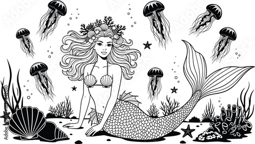 Black and white fantasy illustration of a detailed mermaid with coral and shell hair, resting on the seabed among plants and shells, surrounded by floating jellyfish and bubbles