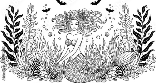Black and white fantasy illustration of a mythical mermaid with floral hair, sitting among dense seaweed and shells, with bubbles and flying spooky bats overhead