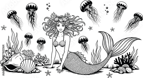 Black and white fantasy illustration of a detailed mermaid with coral hair, sitting among sea bottom life and giant shells, surrounded by floating jellyfish and starfish