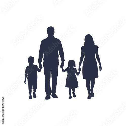 Family of Four Walking Hand-in-Hand Silhouette, people, family, vector, silhouette.