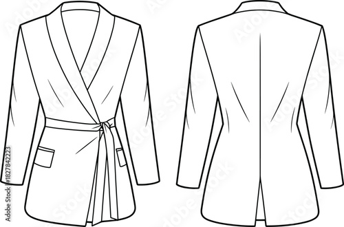 cad drawing flat vector illustration, wrap blazer sketch, patch pockets, tie belt waist, tailored fit, fashion template, garment construction