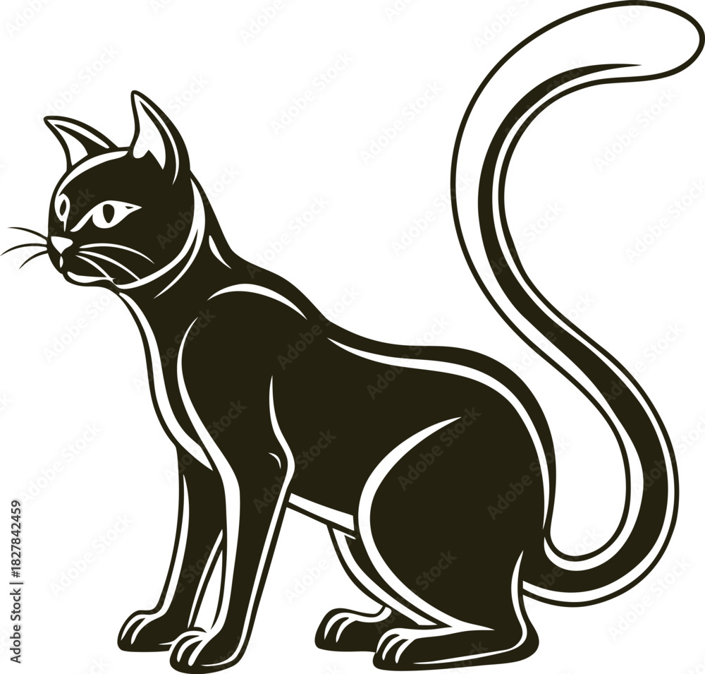 Obraz premium Black Cat Sitting Silhouette with Tail Up feline animal