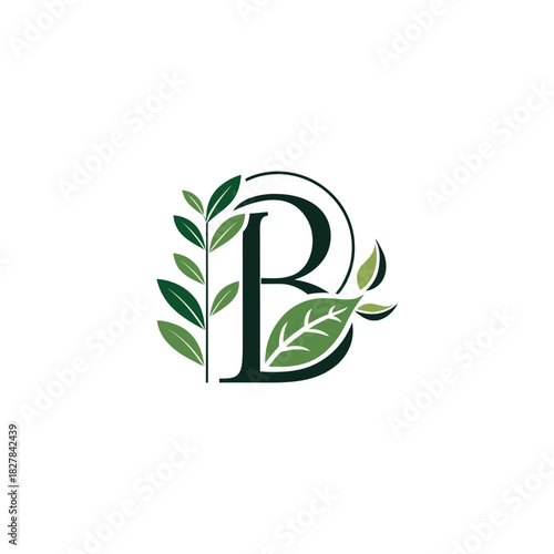 B Letter Logo with Leaves Botanical Monogram Design