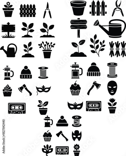 Collection of Black Garden and Craft Icons plant flower