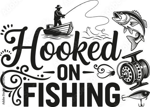 Hooked on fishing vector design, dynamic boat and fish graphic, decorative gear elements for apparel, greeting card, angler lifestyle, outdoor artwork