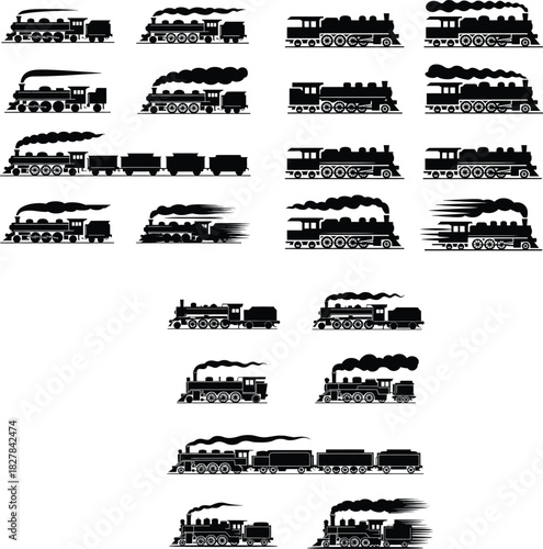 Collection of black steam locomotive silhouettes with smoke