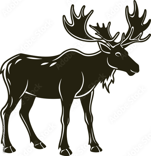 Black Silhouette of a Moose with Antlers on White deer
