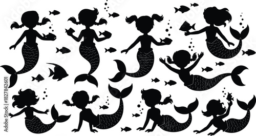 Mermaid silhouette vector set, playful black designs with fish, long hair, underwater theme for kids activity, nursery, coloring book, fantasy decor
