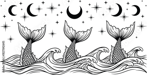 Mermaid tail vector set, black silhouette designs with waves, stars, crescent moons for fantasy decor, tattoo, nursery, coloring book, apparel