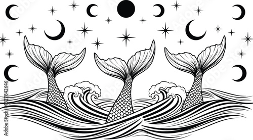 Mermaid tail vector set, black silhouette designs with waves, stars, moons, celestial sky for fantasy decor, tattoo, nursery, coloring book