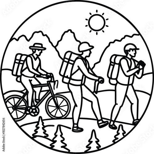 Hikers and Cyclist in Mountain Landscape Circle hiking