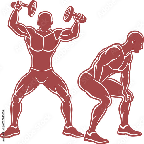 Muscular male figures lifting dumbbells and squatting