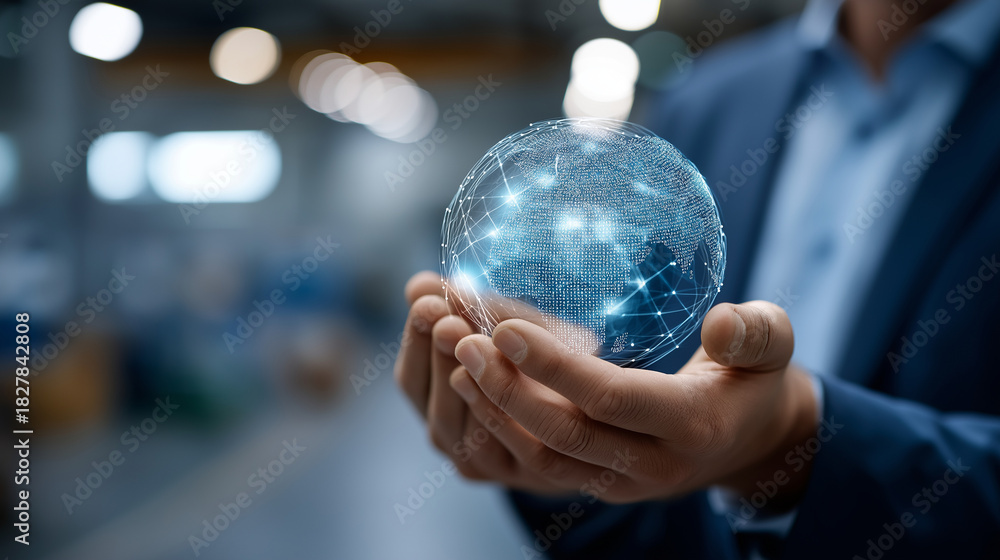 Fototapeta premium Manufacturing expert holding global network and smart factory systems faceless professional defocused industrial background automation robotics connectivity integration analytic