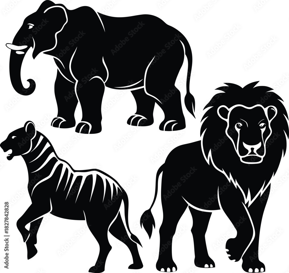 Naklejka premium Silhouettes of Elephant, Lion, and Zebra on White Background