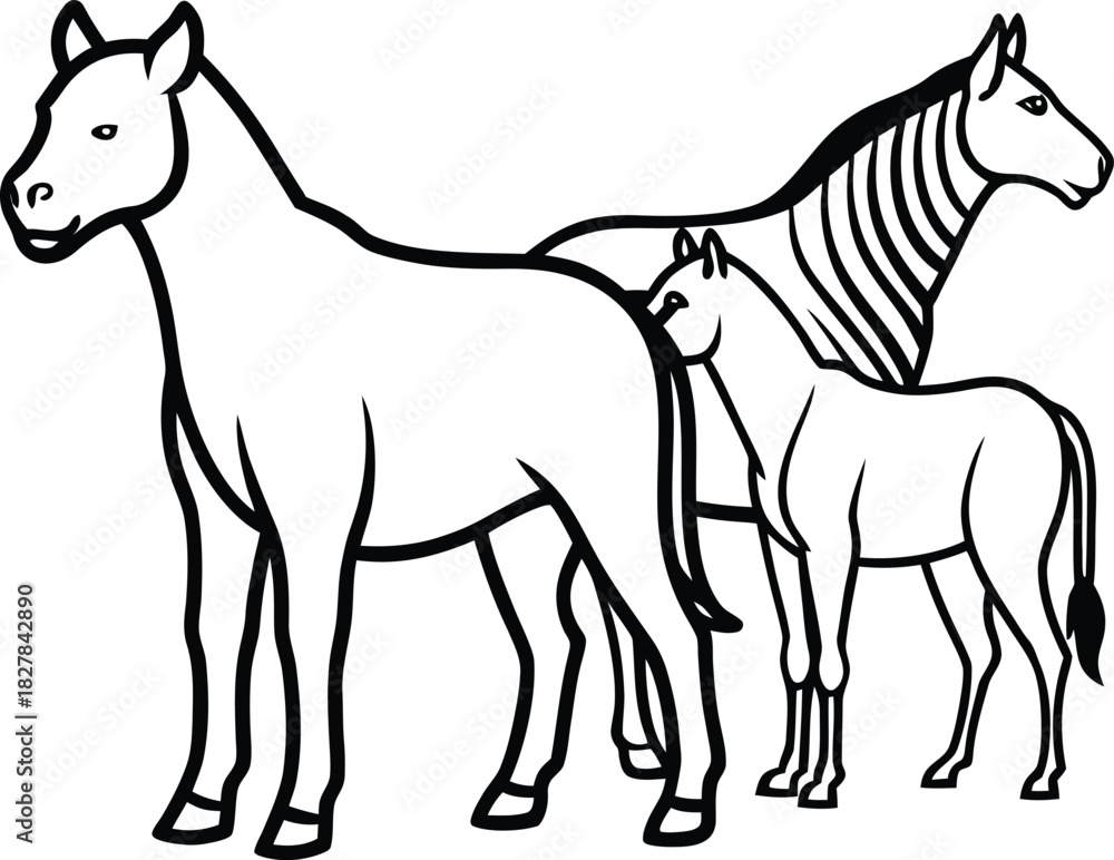 Naklejka premium Stylized Line Art of Three Equine Animals with Zebra Stripes Keywords: horse, zebra, foal