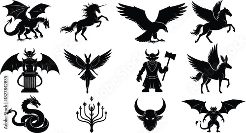 Mythical creature vector set, black silhouette fantasy icons including dragon, unicorn, Pegasus, demon, warrior, angel for tattoo, game, decor, art