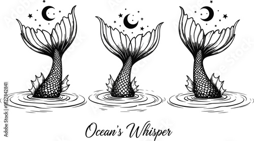 Ocean’s Whisper mermaid tail vector set, black silhouette design with stars, moon, water ripples for tattoo, nursery, fantasy, coloring book