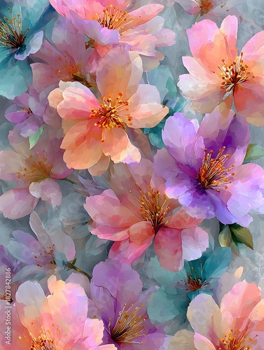 Dreamy Floral Pattern with Pastel Colors, Watercolor Style Flower Background, Soft Pink, Peach, Purple, and Teal Blossoms, Artistic Floral Design, Springtime Bloom Illustration, Delicate Petals,