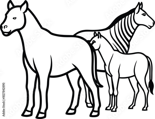 Stylized Line Art of Three Equine Animals with Zebra Stripes Keywords: horse, zebra, foal