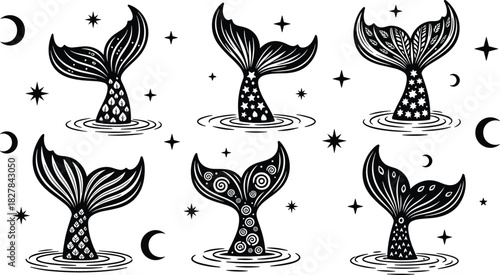 Whale tail vector set, black silhouette designs with stars, moons, water ripples, decorative patterns for fantasy decor, tattoo, nursery, coloring book