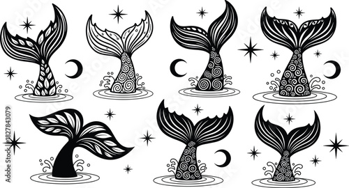 Whale tail vector set, black silhouette designs with stars, moon, water ripples for fantasy decor, tattoo, nursery, coloring book, ocean theme