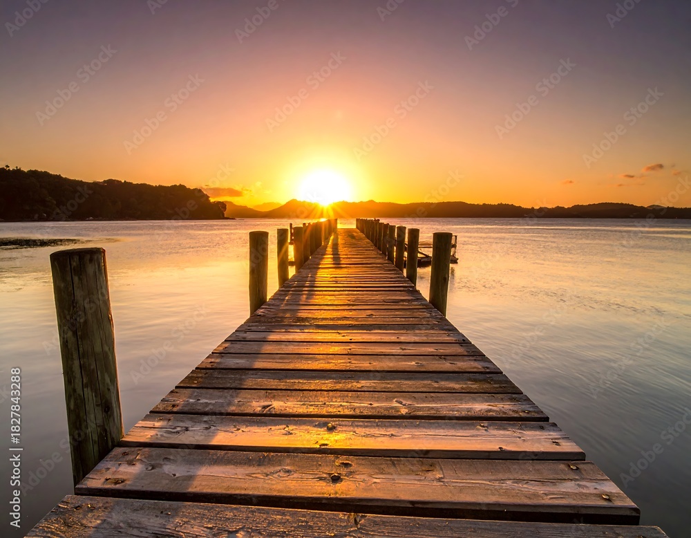 Fototapeta premium A weathered wooden pier leads towards a radiant sunset over tranquil water with distant, silhouetted land