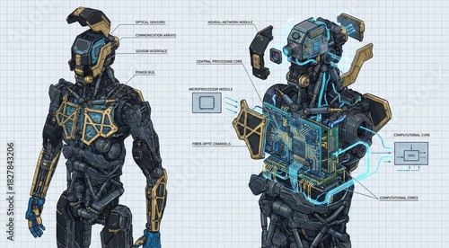 Technical illustration displaying assembled and exploded views of combat robot internal electronics, circuit boards, and armor components with text labels on grid background