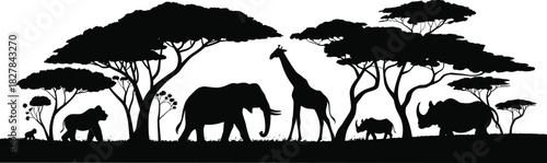 African savanna wildlife silhouette landscape featuring elephant, giraffe, rhino and acacia trees, panoramic vector illustration for safari design background