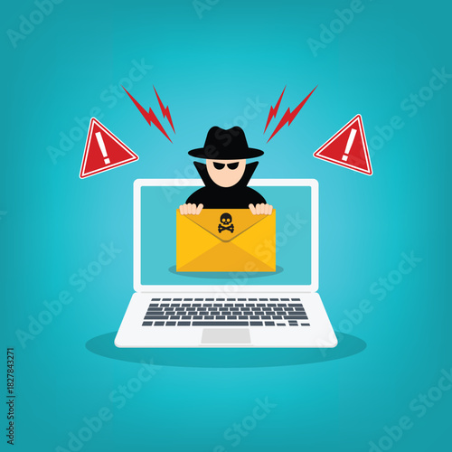 Cyber thief hide behind spam e-mail. Hacking concept. Email data phishing. 