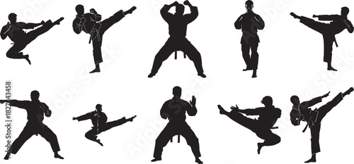 Martial arts fighter silhouette vector set showing powerful karate and taekwondo combat kicking poses