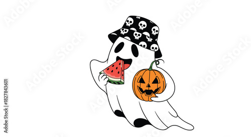 Playful cartoon ghost wearing a trendy skull-patterned bucket hat eating watermelon and holding a carved pumpkin for Halloween.