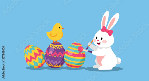 Happy Easter bunny painting a vibrant Easter egg with a tiny chick perched on another beautifully decorated egg.