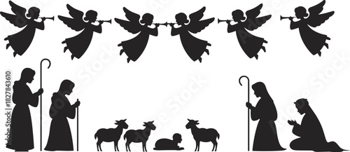 Christmas Nativity scene silhouette banner featuring angels with trumpets, shepherds, sheep and baby Jesus vector illustration for holiday design