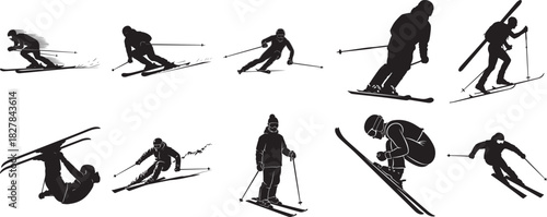 Alpine skiing action silhouette vector set featuring downhill winter sport athletes in motion poses