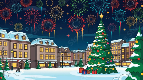 A large decorated Christmas tree with a bright star ornament stands among snow-covered buildings, celebrating the winter holiday season with gifts