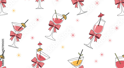 Playful seamless pattern of diverse cocktail glasses adorned with pink bows straws and fruit garnishes surrounded by sparkles.