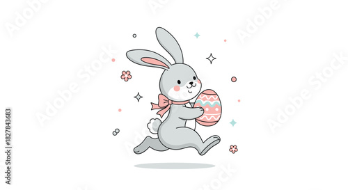 Adorable grey Easter bunny with a sweet pink bow happily running and holding a beautifully decorated Easter egg.