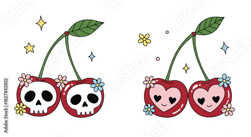 Playful illustration featuring two sets of cherries one with skull faces and one with heart eyes adorned with flowers.