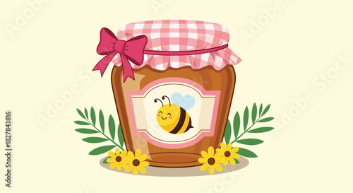Charming jar of honey with a pink plaid lid and bow featuring a cute bee label surrounded by bright sunflowers and green leaves.