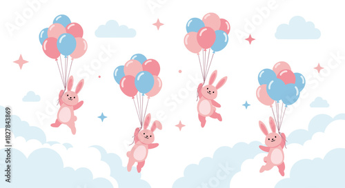 Whimsical seamless pattern of adorable pink bunnies flying happily with colorful balloons amidst fluffy clouds and twinkling stars.