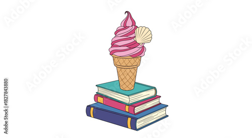 Unique ice cream cone with a delicate seashell on top creatively placed on a colorful stack of books for a whimsical design.