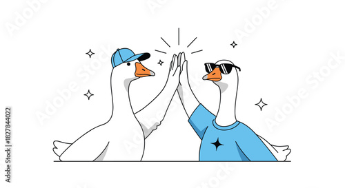 Dynamic illustration of two cool geese high-fiving one wearing a blue cap and the other stylish sunglasses.