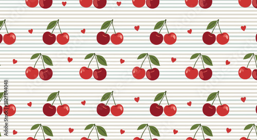 Delightful seamless pattern featuring vibrant red cherries and tiny hearts on a charming striped background ideal for playful designs.