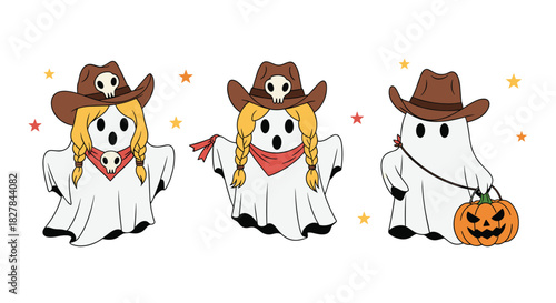 Spooky yet playful collection of three cowboy ghosts wearing western hats and bandanas one holding a Halloween pumpkin.