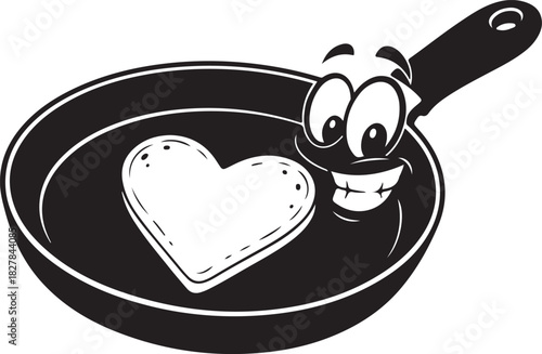 Cheerful cartoon frying pan character holding a heart-shaped pancake, perfect breakfast love