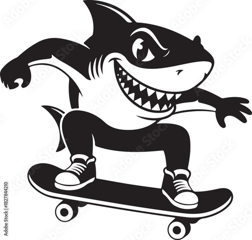 Cartoon shark riding skateboard with a big grin, energetic character design, black and white vector illustration.