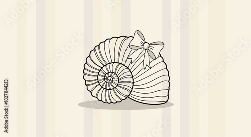 Delicate seashell adorned with a pretty bow presented on a soft striped background perfect for a charming marine-themed design.